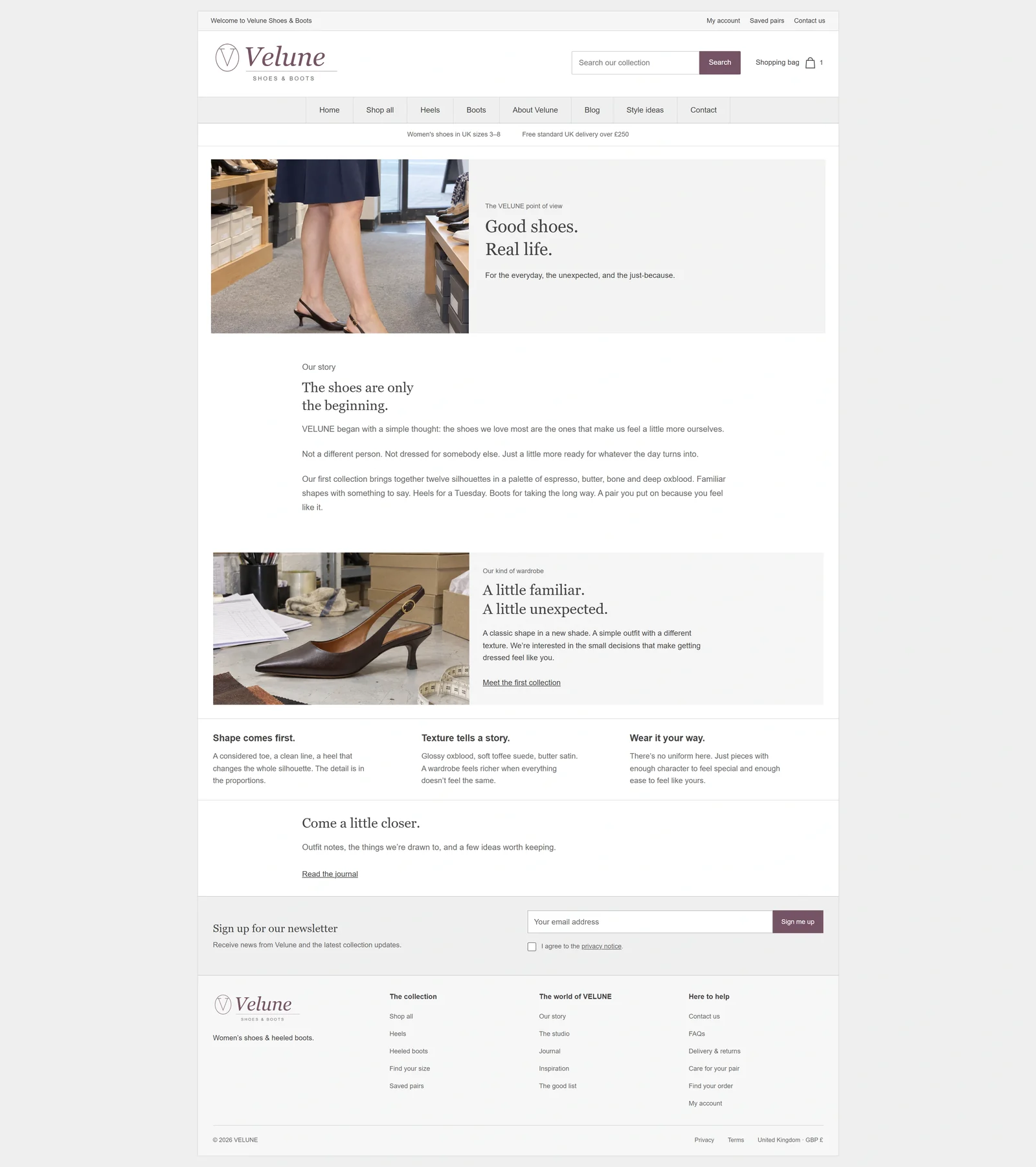 Velune brand story: reconstructed earlier layout