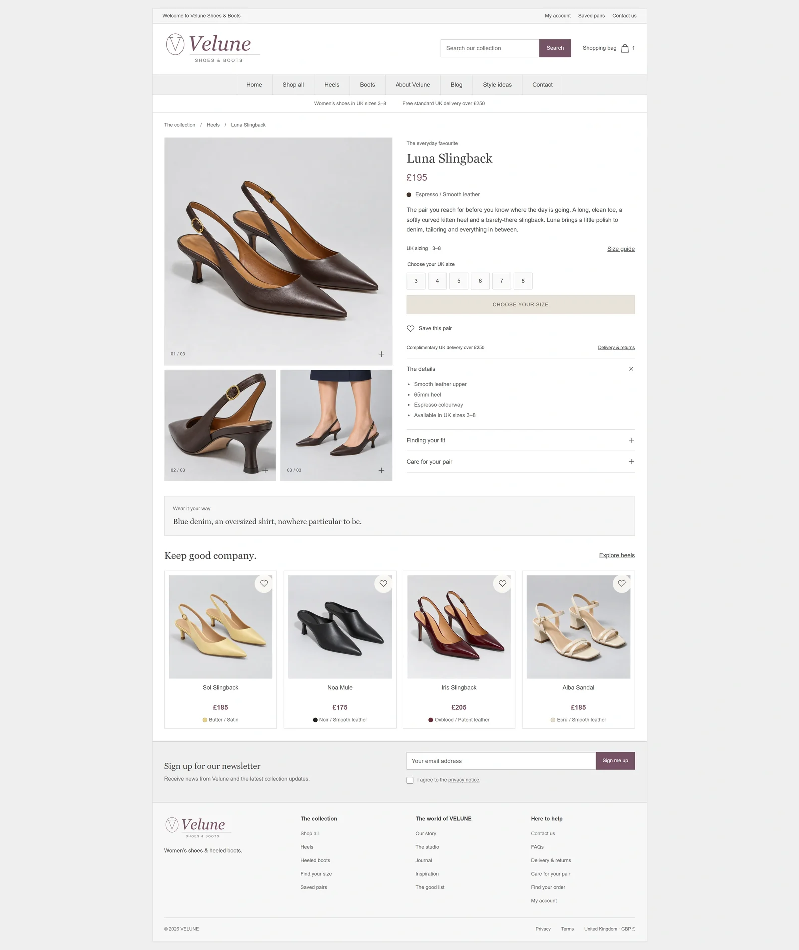 Velune luna slingback product page: reconstructed earlier layout