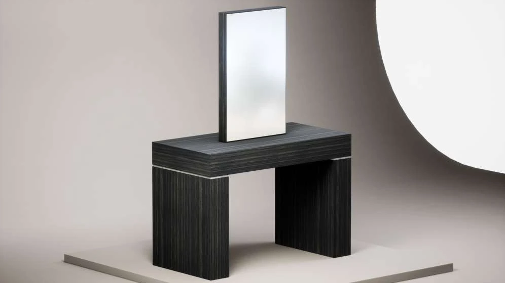 Studio render of a dark wood dressing unit with a mirror and clearly defined panel edges