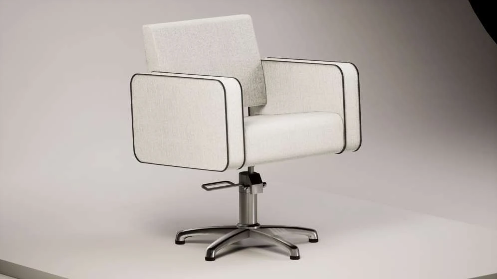 Studio render of a light upholstered chair with metal arms and a polished base