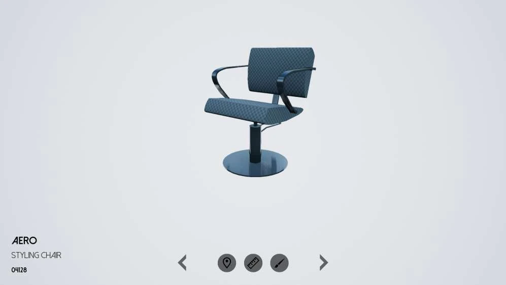 Early chair viewer with a large product image and a compact strip of icon controls