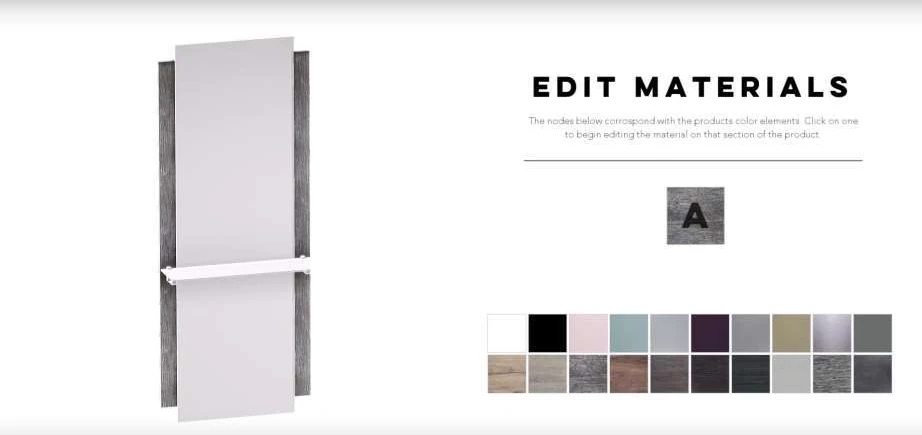 Later development interface pairing a mirror unit with a named material-editing panel and swatches