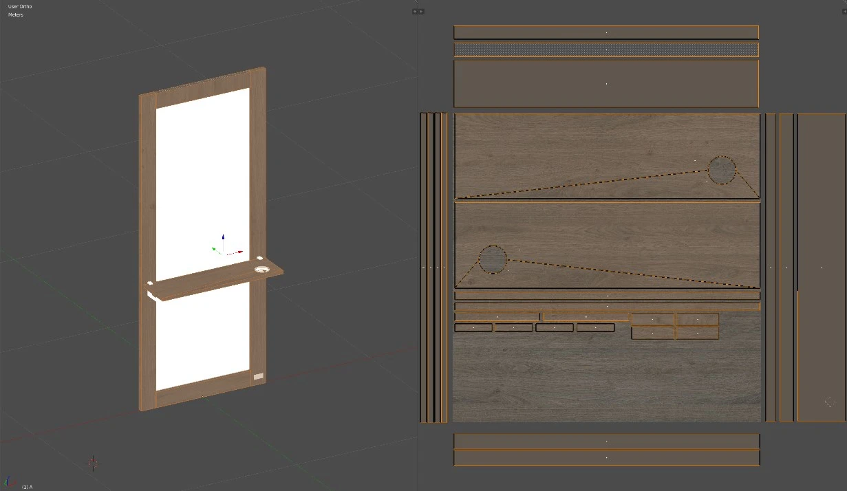 Original research figure showing uncorrected wood-grain direction and scale on the model and its UV map