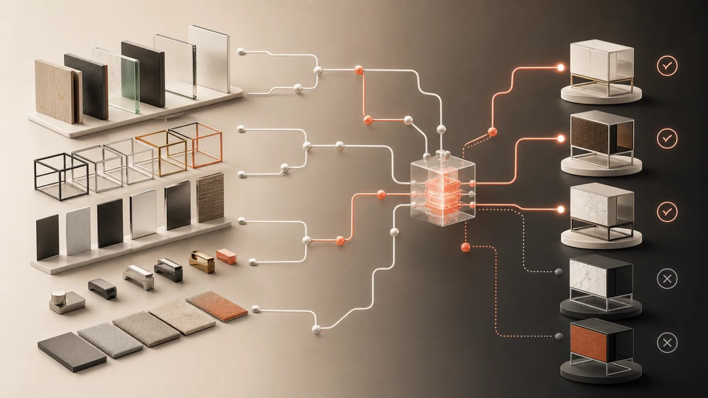 Materials, components and compatibility choices flowing through a product-rules engine