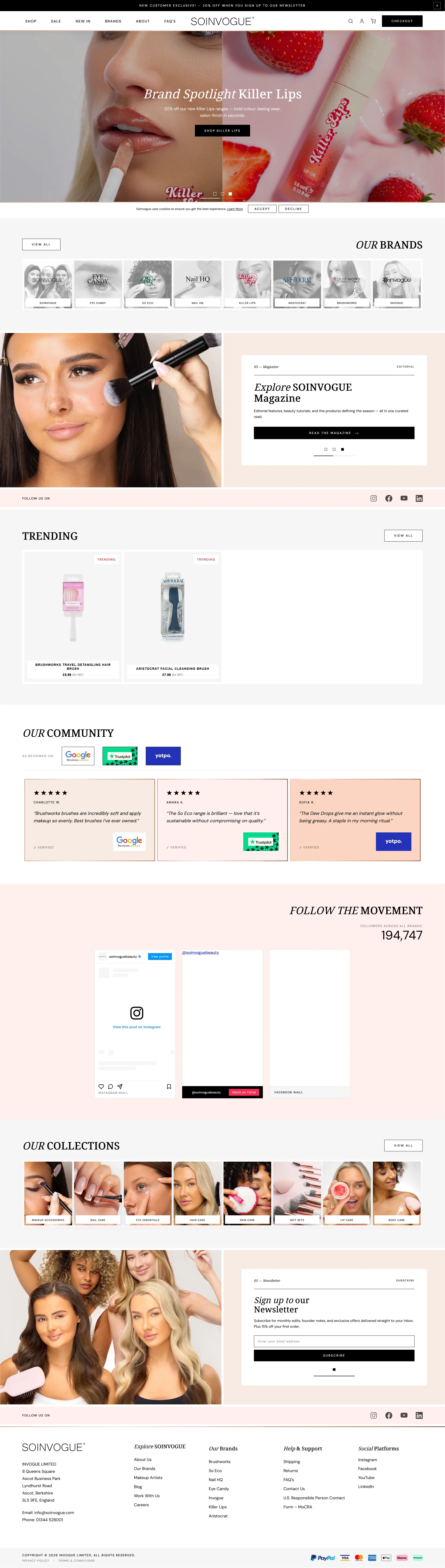 True Makeup — homepage with cream / peach palette, editorial hero, brand strip, and curated collections grid