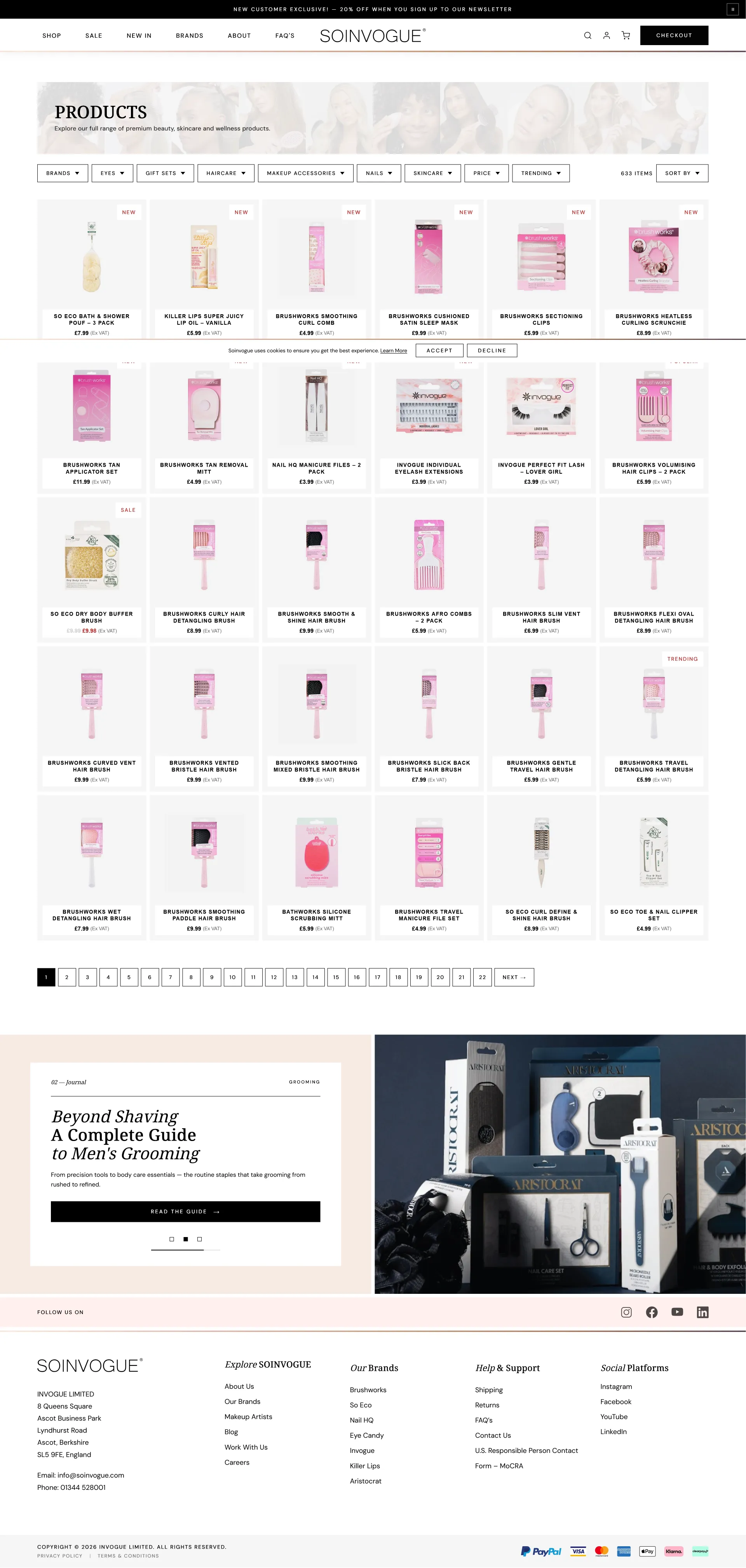 True Makeup — shop archive on clean white with horizontal tag filters and dense product grid