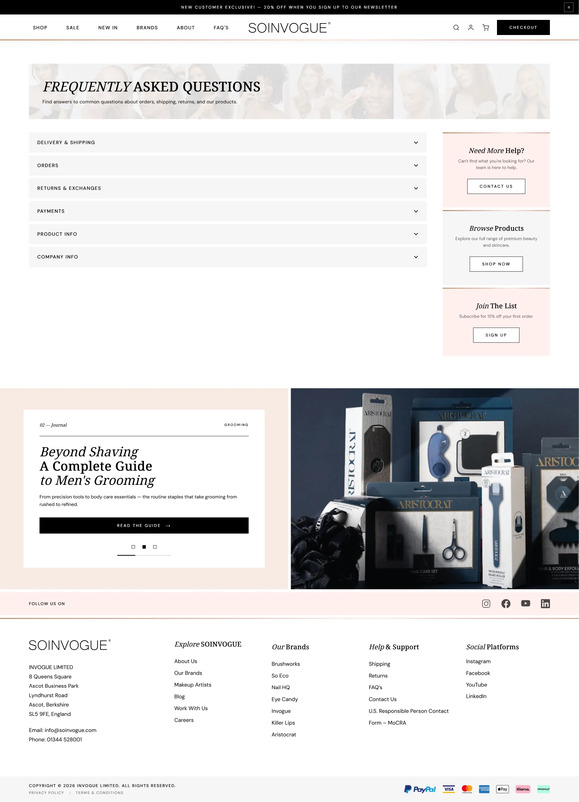 True Makeup — FAQ page as editorial spread with confident headline, clean accordion, layered sidebar CTAs, and magazine teaser below