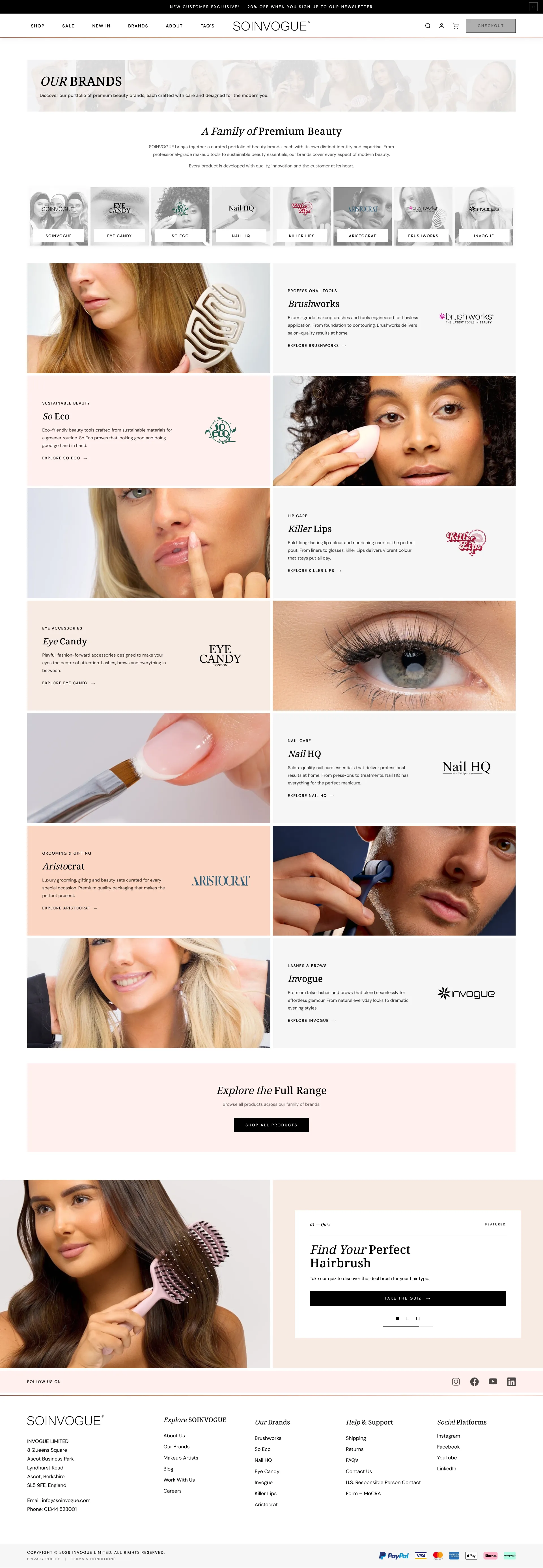 True Makeup — brands page as magazine-style editorial grid with mood portraits between brand cards