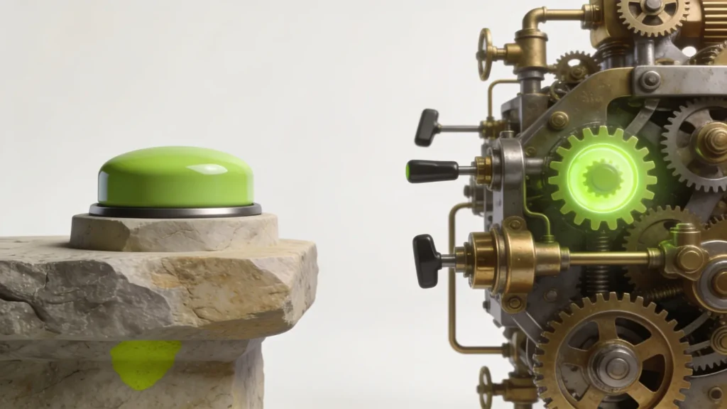 A glossy lime-green one-click button beside an intricate brass and steel gear mechanism, simple consumer checkout versus complex B2B procurement