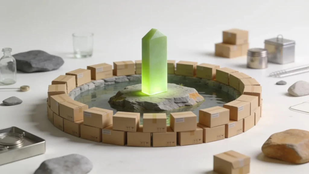A moat of stacked cardboard parcels encircling a glowing lime monolith, generous returns as a competitive moat