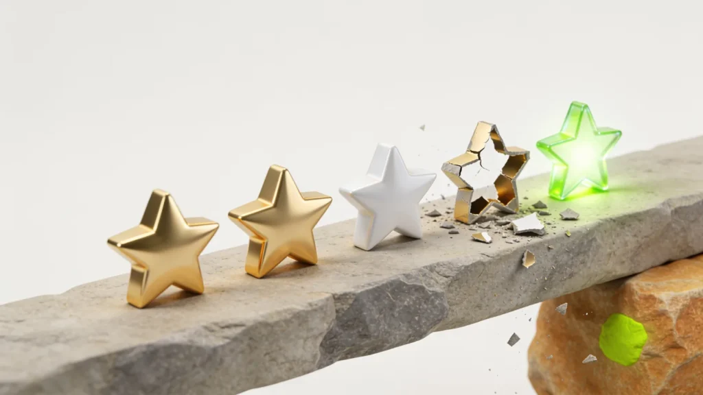 A row of golden star ratings, some pristine and some hollow and crumbling, the collapse of trust in online product reviews