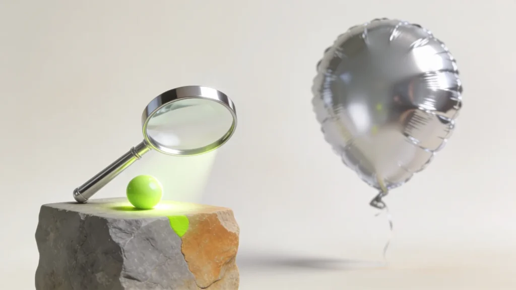 A chrome magnifying lens focusing light on a glowing lime-green sphere beside a deflating silver balloon, precision versus hype in AI product search