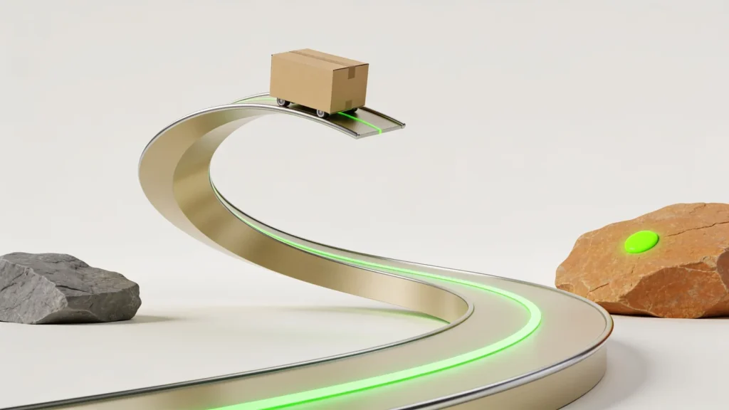 A parcel box riding a golden loop track that rises to a peak then falls, subscription commerce that surged then declined