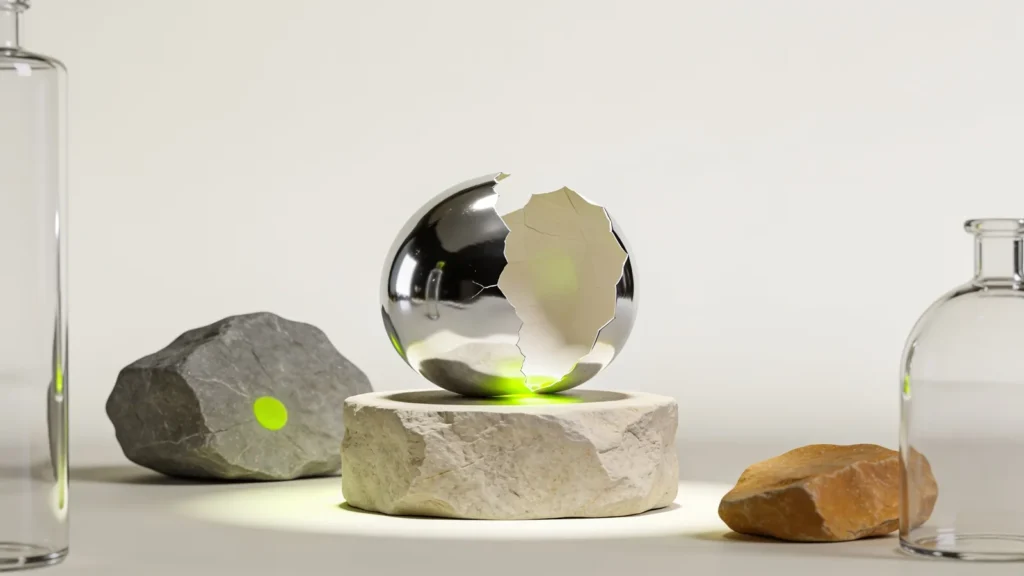 A polished chrome orb cracked open to reveal a hollow shell, dazzling 3D commerce demos with nothing inside