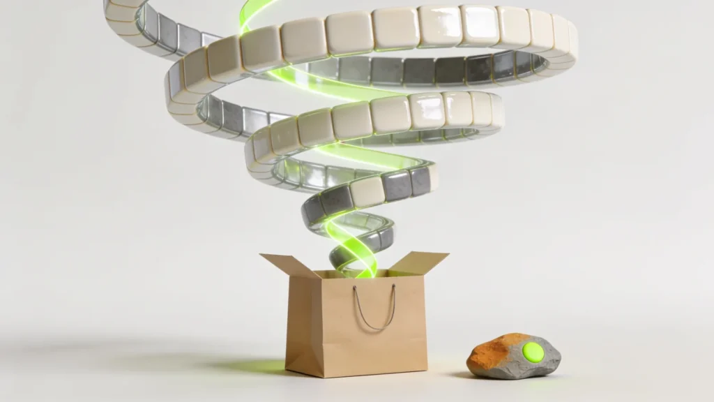 A spiral of glossy tiles funnelling into a cardboard shopping bag, the TikTok Shop short-video discovery loop feeding checkout
