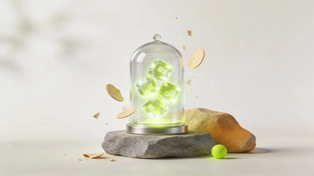 A glass vault holding glowing lime data crystals as brittle cookie-like wafers crumble away, first-party data versus third-party cookies