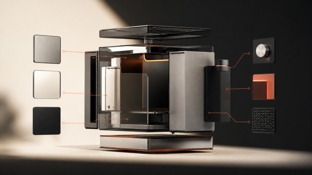 Exploded modular product with configurable material and component choices