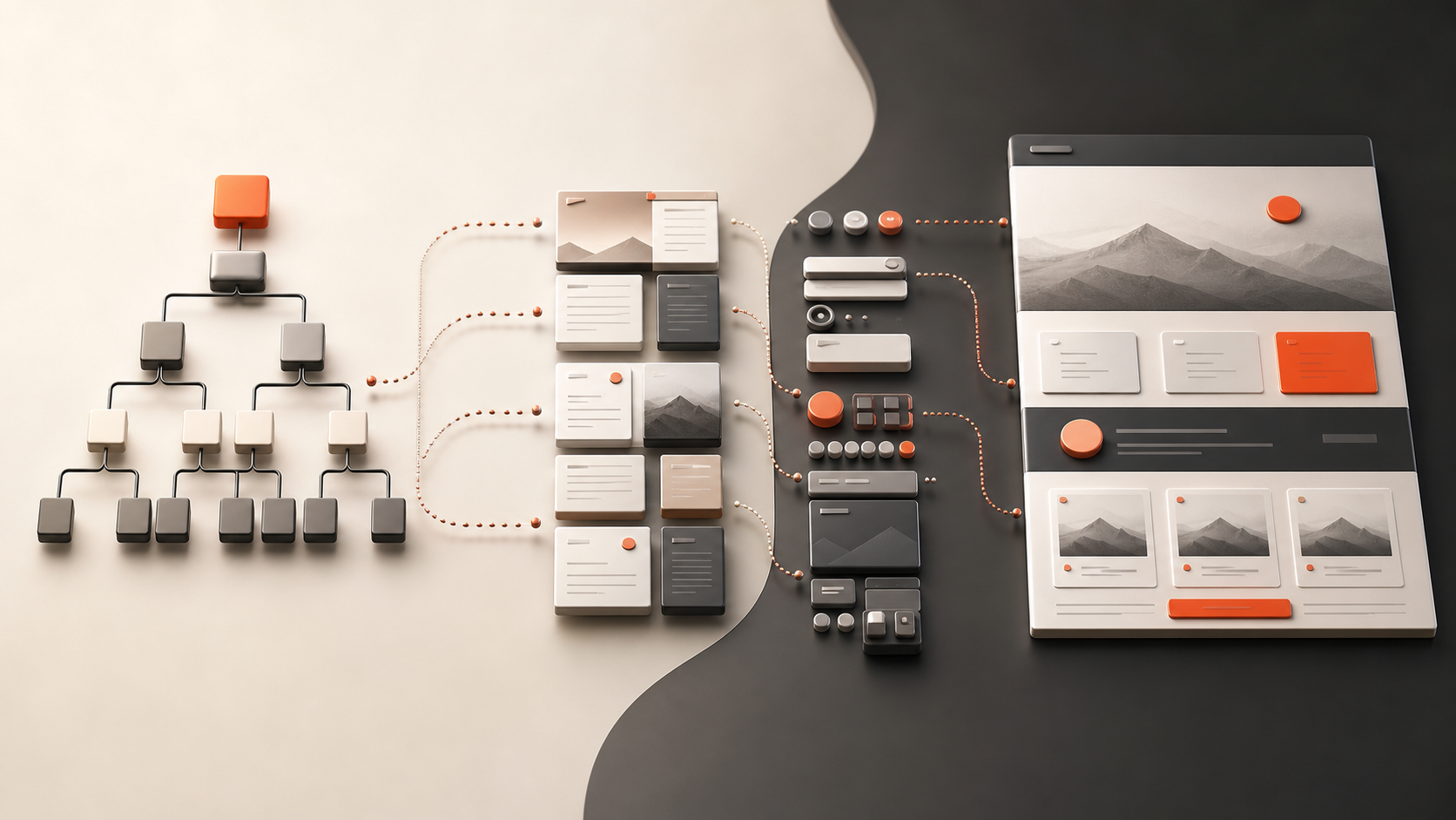 Site hierarchy becoming organised content cards and reusable interface components before resolving into a page design