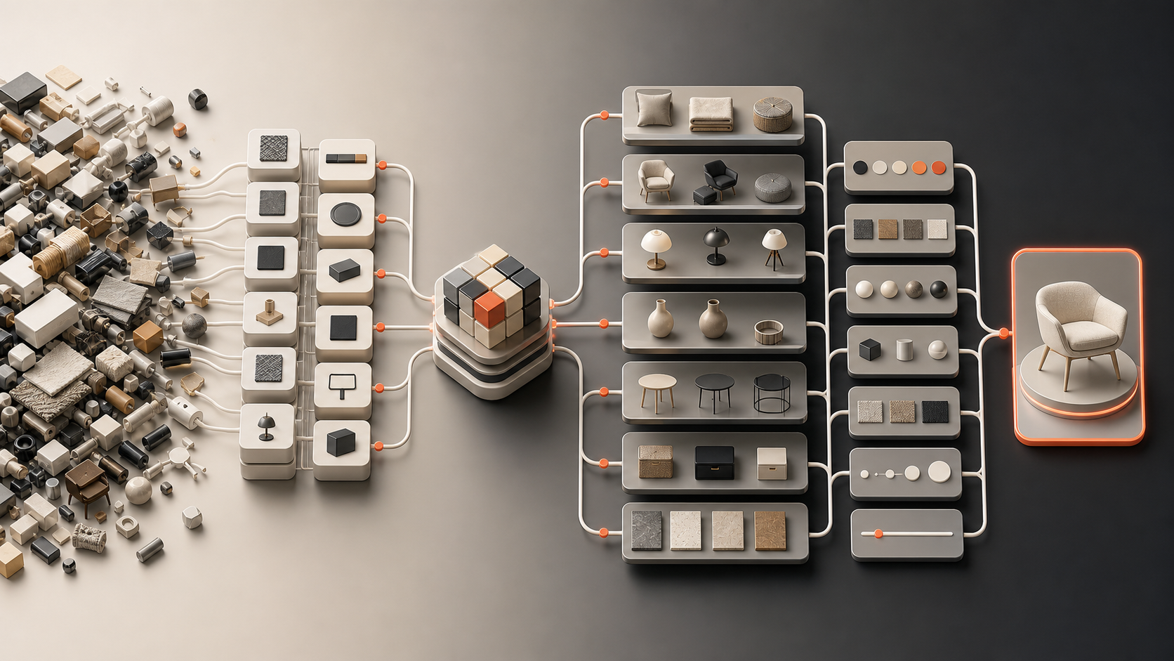 Unstructured catalogue inputs becoming organised product data, categories, filters and one clear product destination