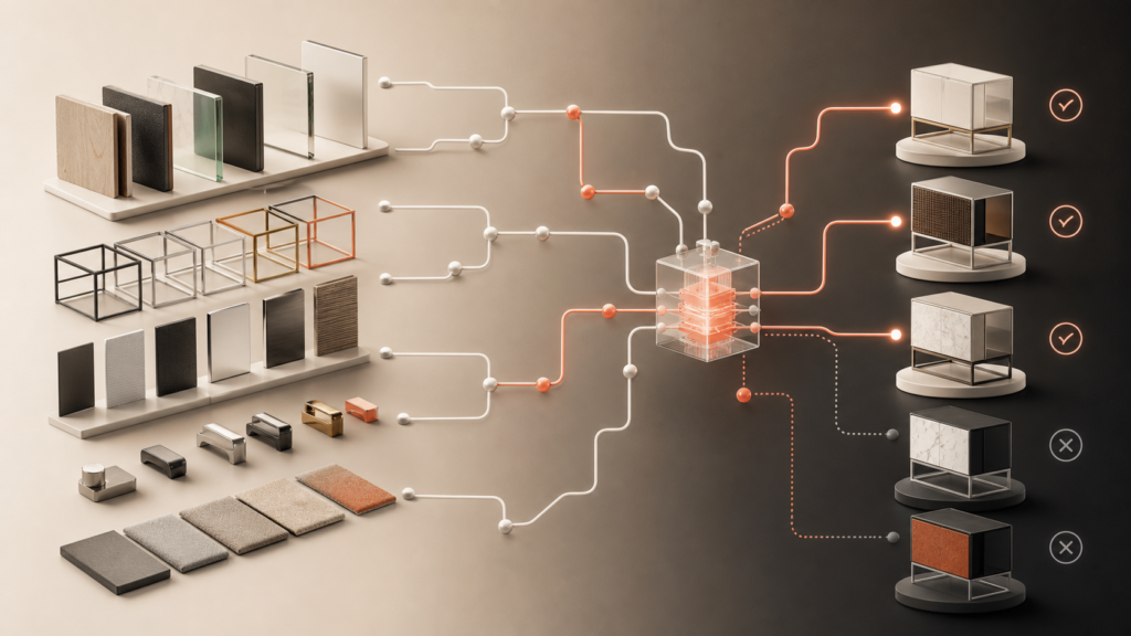 Material, component and compatibility choices flowing through a product configuration rules engine