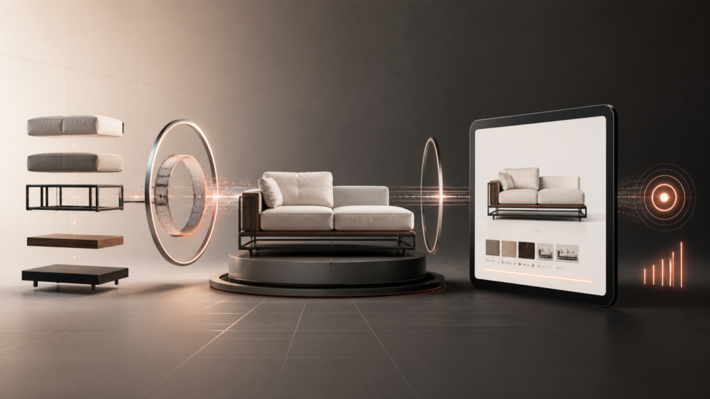 A modular product moving through an optimised 3D asset pipeline into an ecommerce interface with measurement signals