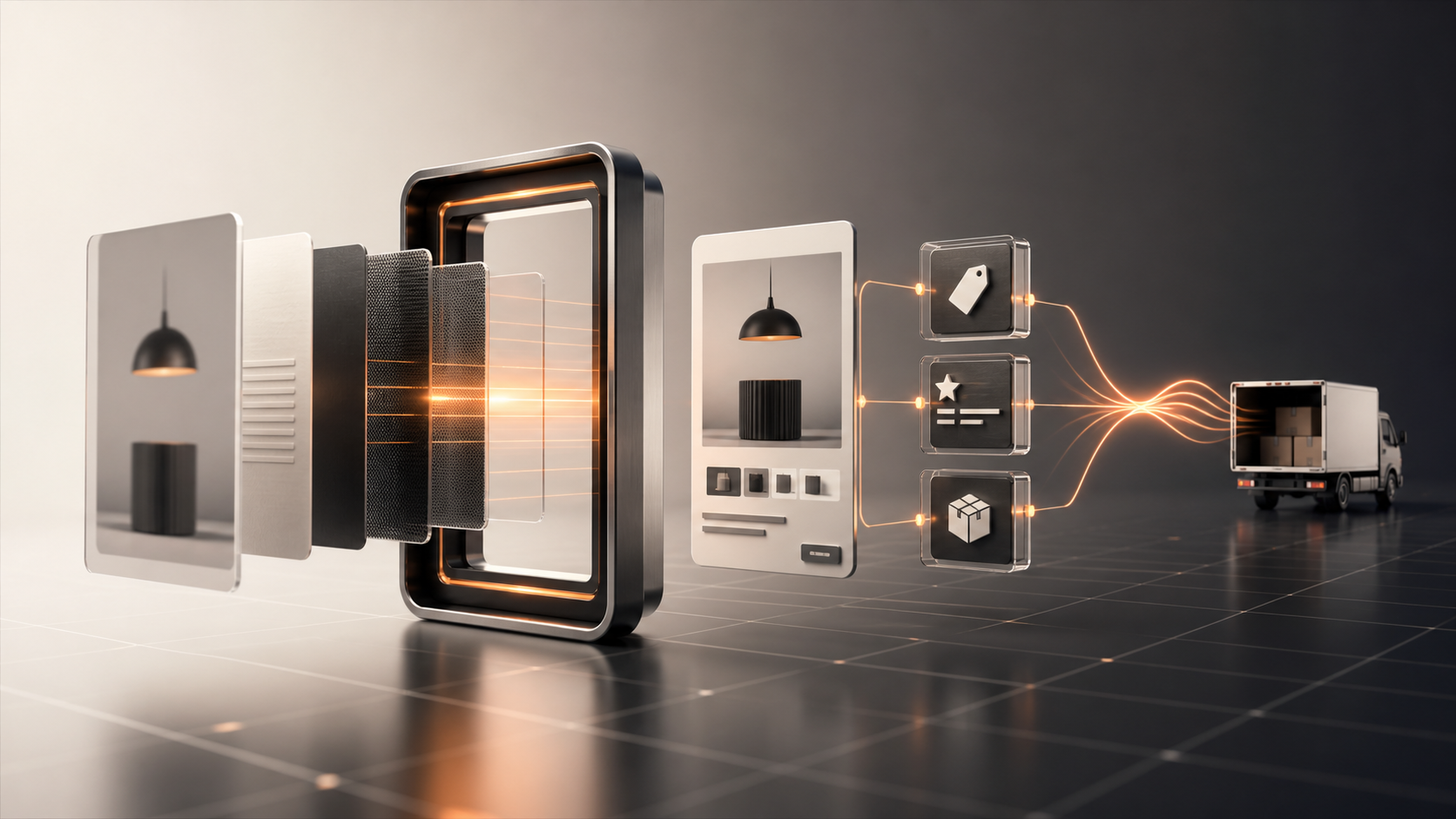 Lightweight storefront layers, structured product data and fulfilment signals moving through an optimisation workflow