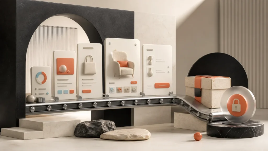 A premium 3D editorial scene representing an end to end ecommerce build
