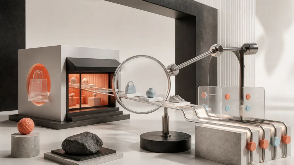 A storefront search and discovery system represented as a premium 3D editorial scene