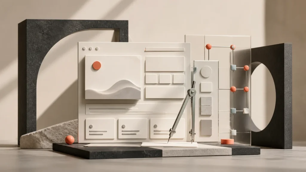 A modular web design system represented as a premium 3D editorial scene