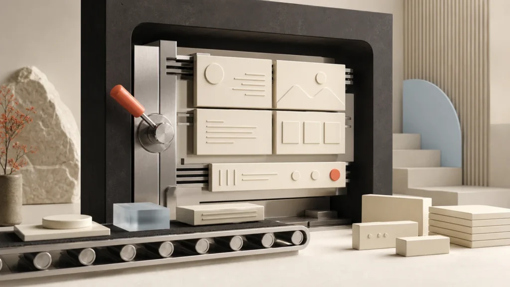 A modular publishing system represented as a premium 3D editorial scene