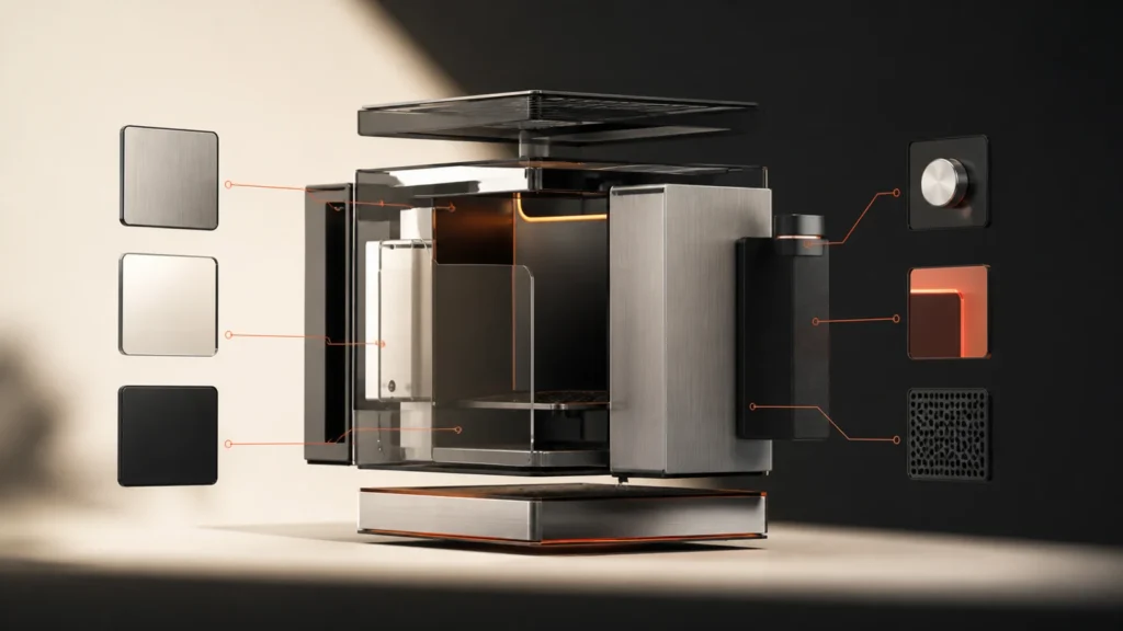 Exploded modular product with configurable material and component choices