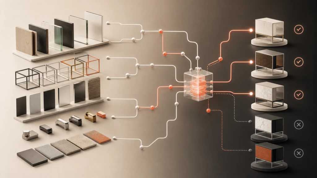 Material, component and compatibility choices flowing through a product configuration rules engine