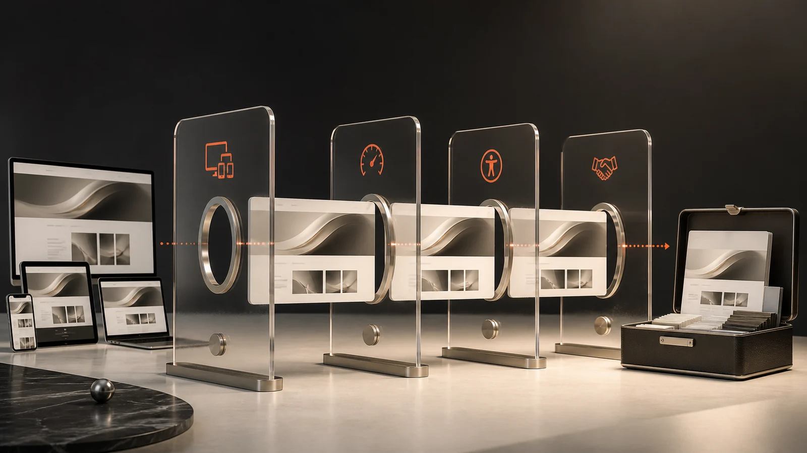 Website release moving through responsive, performance, accessibility and handover quality gates