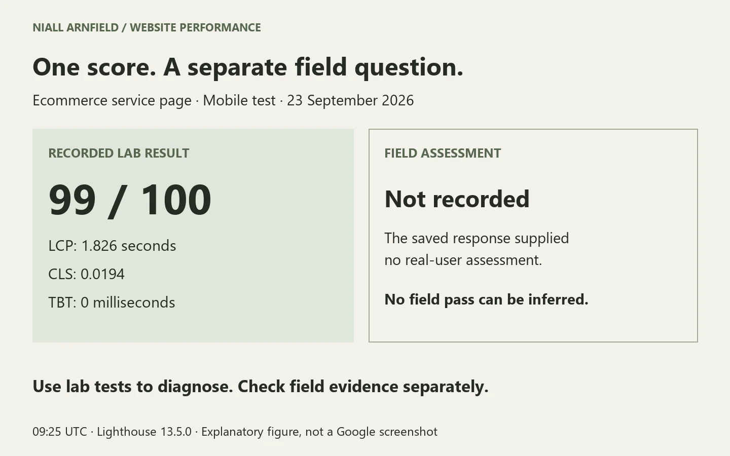 Dated mobile lab result: 99 out of 100, LCP 1.826 seconds, CLS 0.0194 and zero TBT. The saved response did not provide a field assessment.