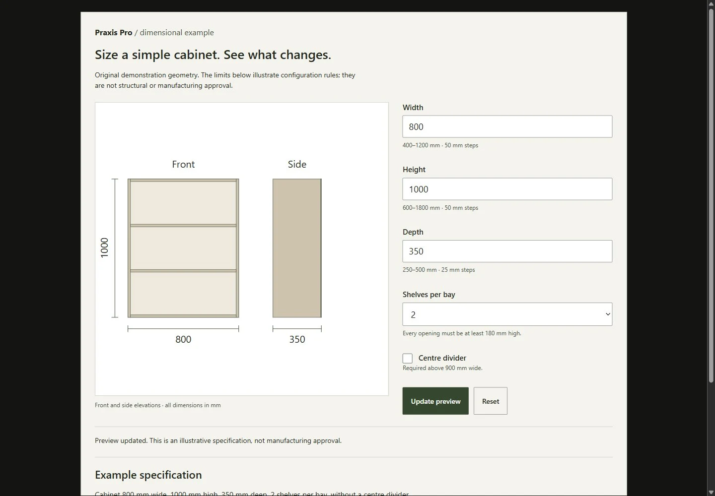 Actual desktop view of the original Praxis cabinet dimension tool with front and side elevations and editable measurements