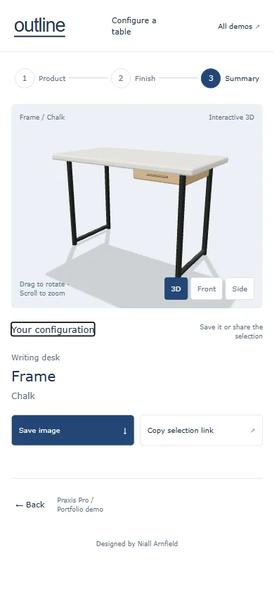 Outline mobile review step showing the Frame desk in Chalk