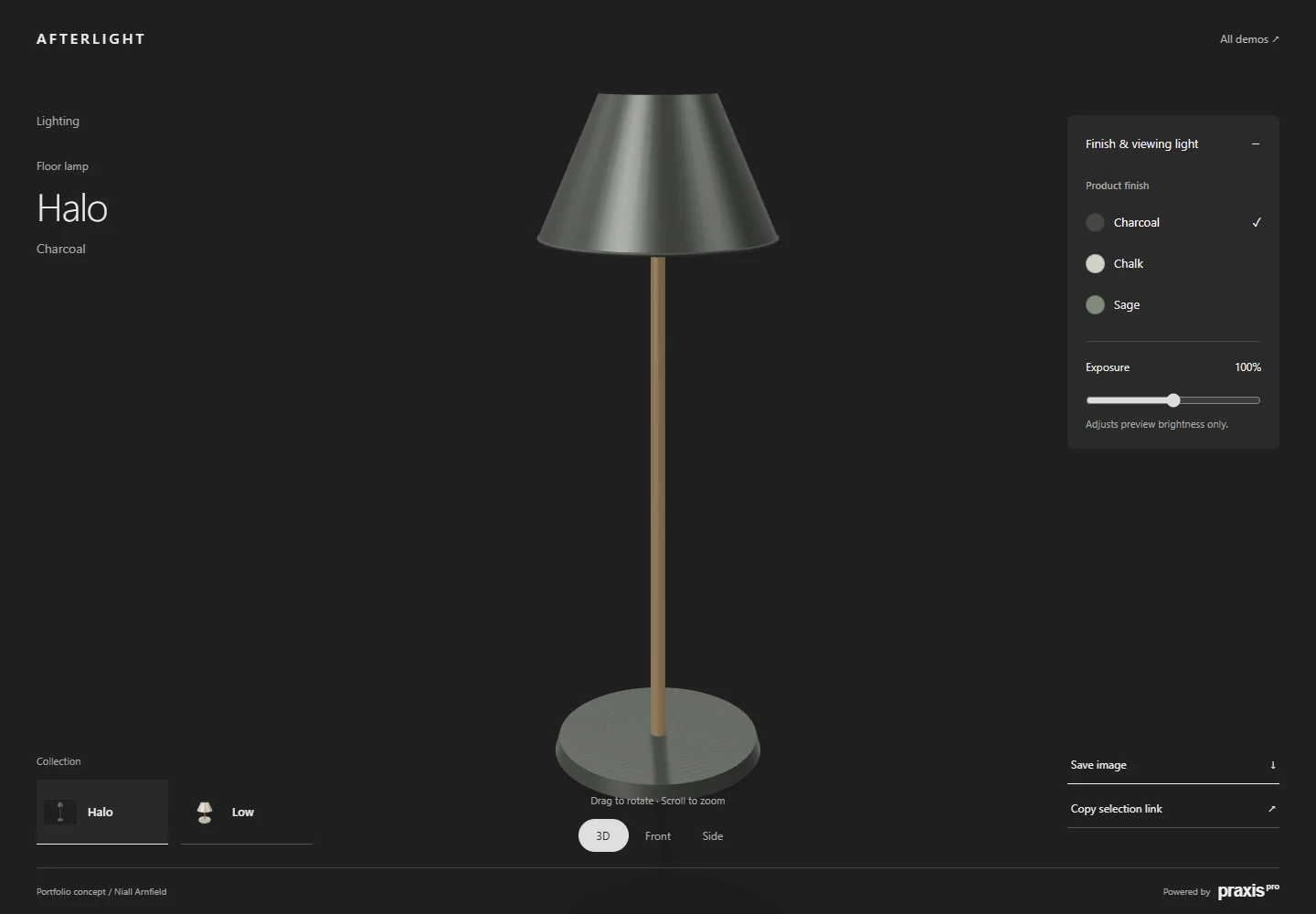 Afterlight working portfolio configurator with original demonstration products, not a client catalogue