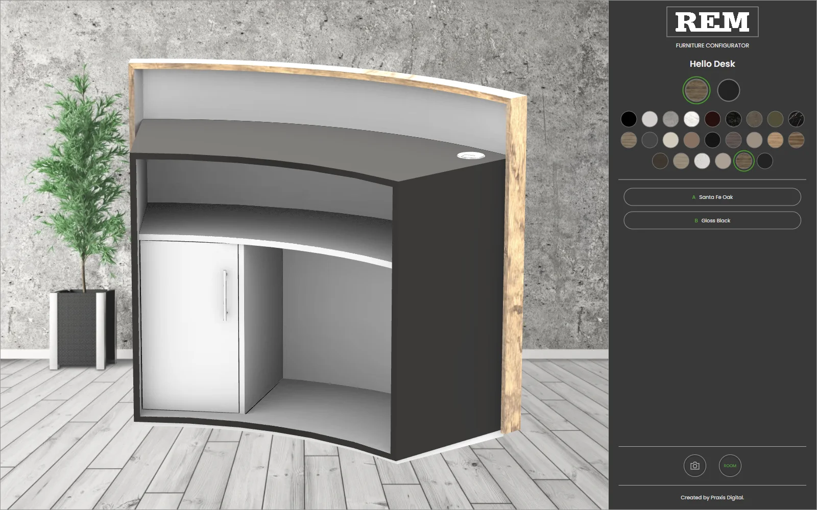 REM Hello Desk configurator with charcoal controls, green selection rings and a room backdrop