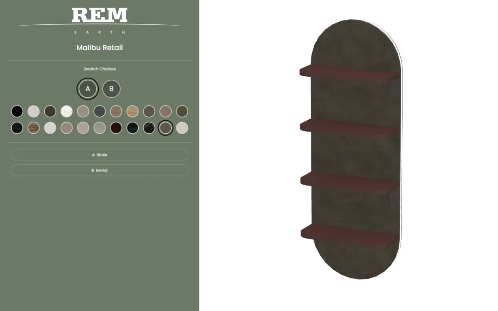 REM Earth Malibu Retail visualiser with sage controls, Shale backing and Merlot shelves