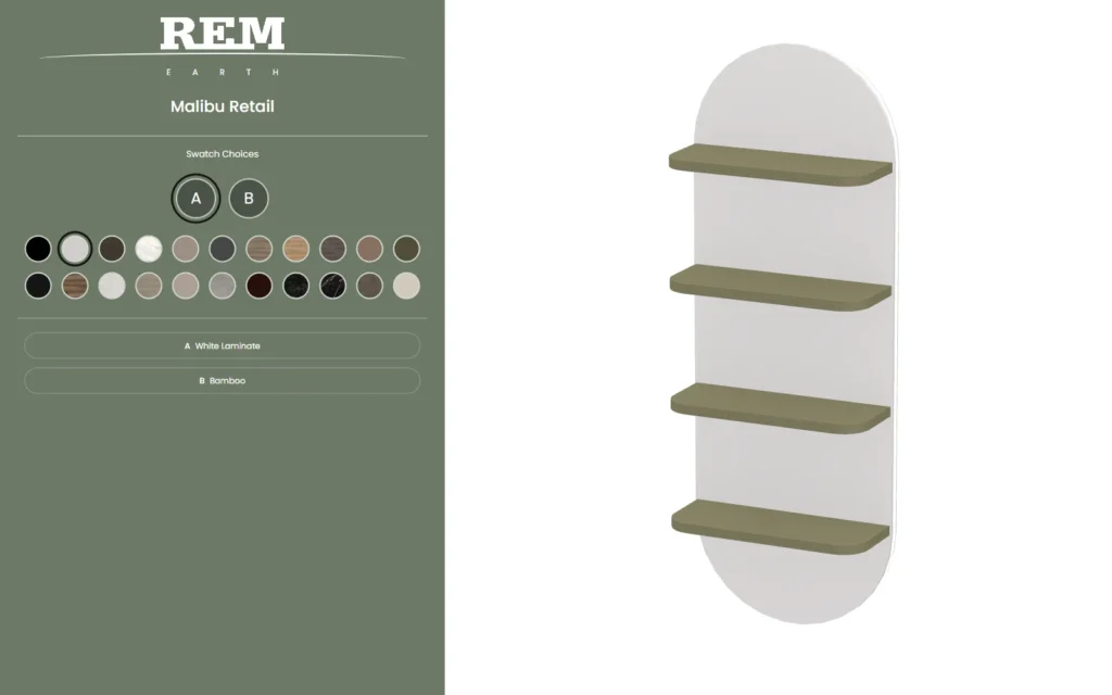 The same Malibu Retail model and view with a White Laminate backing and Bamboo shelves