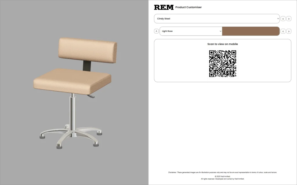 Named product and upholstery choices beside a Cindy Stool in a historical REM implementation of Praxis Digital 3D
