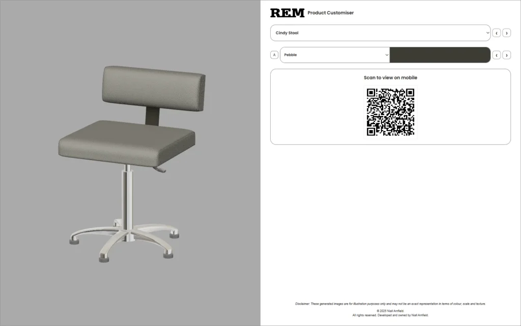 The same Cindy Stool shown with Pebble upholstery in the white customiser