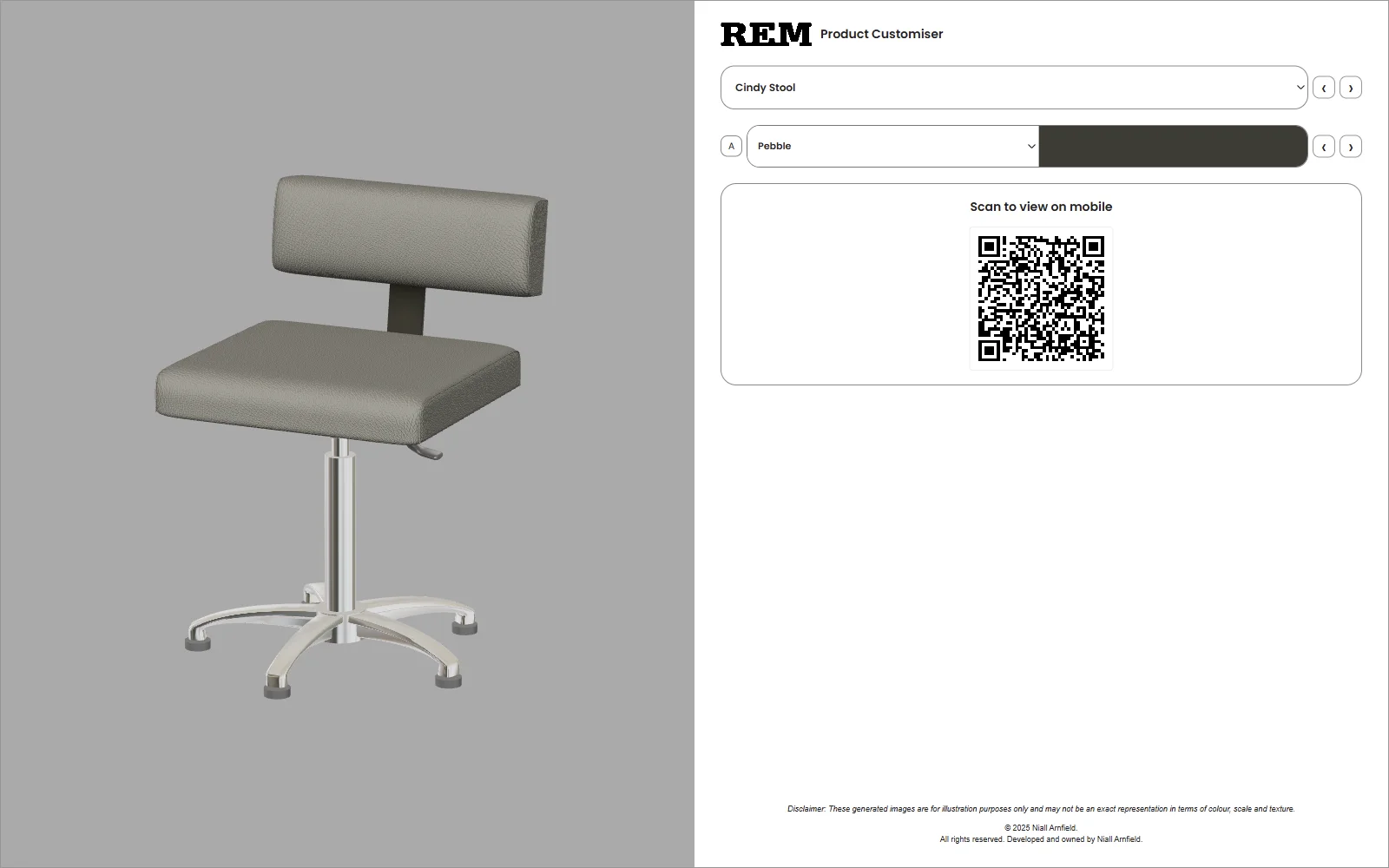 The same Cindy Stool shown with Pebble upholstery in the white customiser