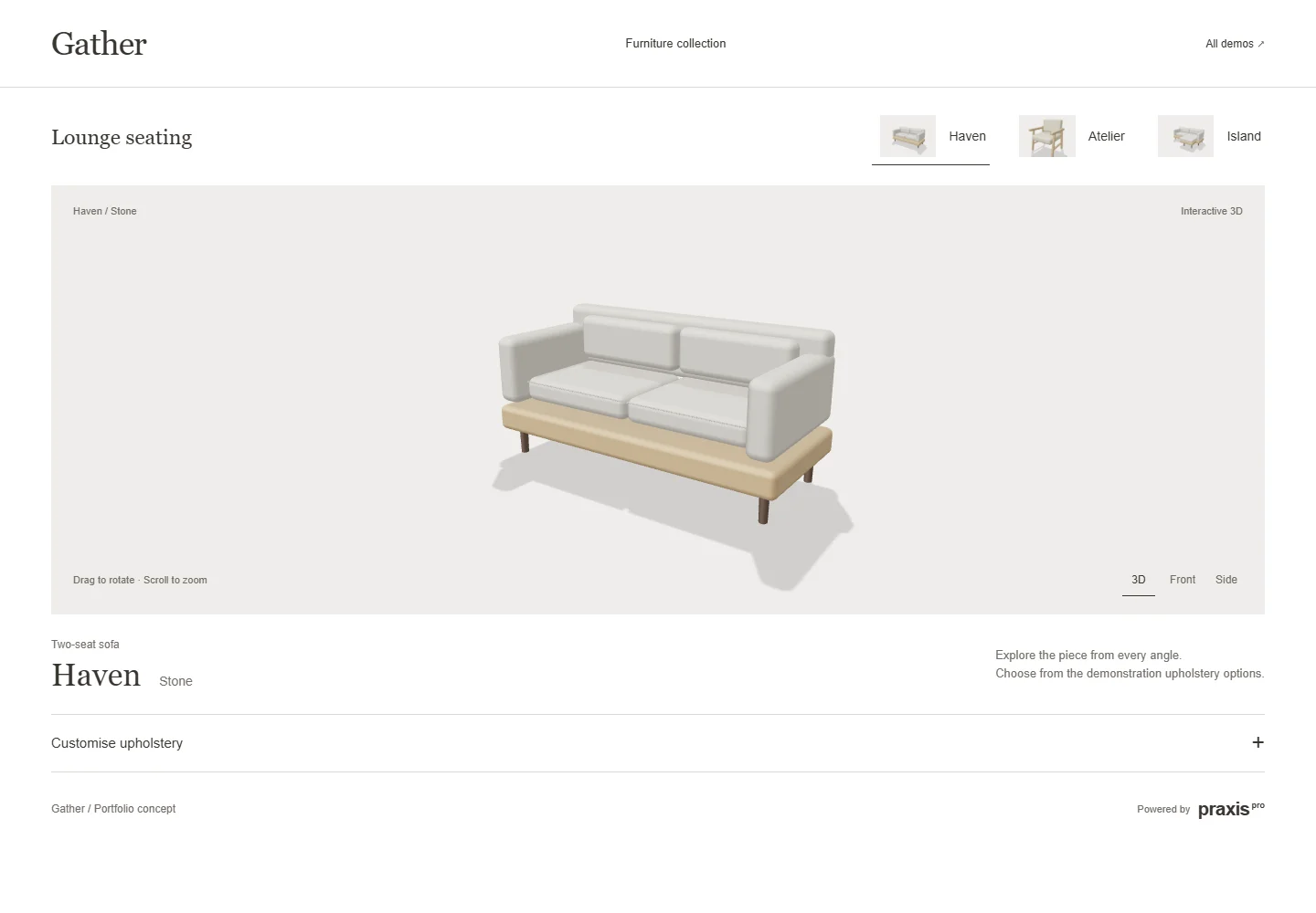 Gather working portfolio configurator with original demonstration products, not a client catalogue