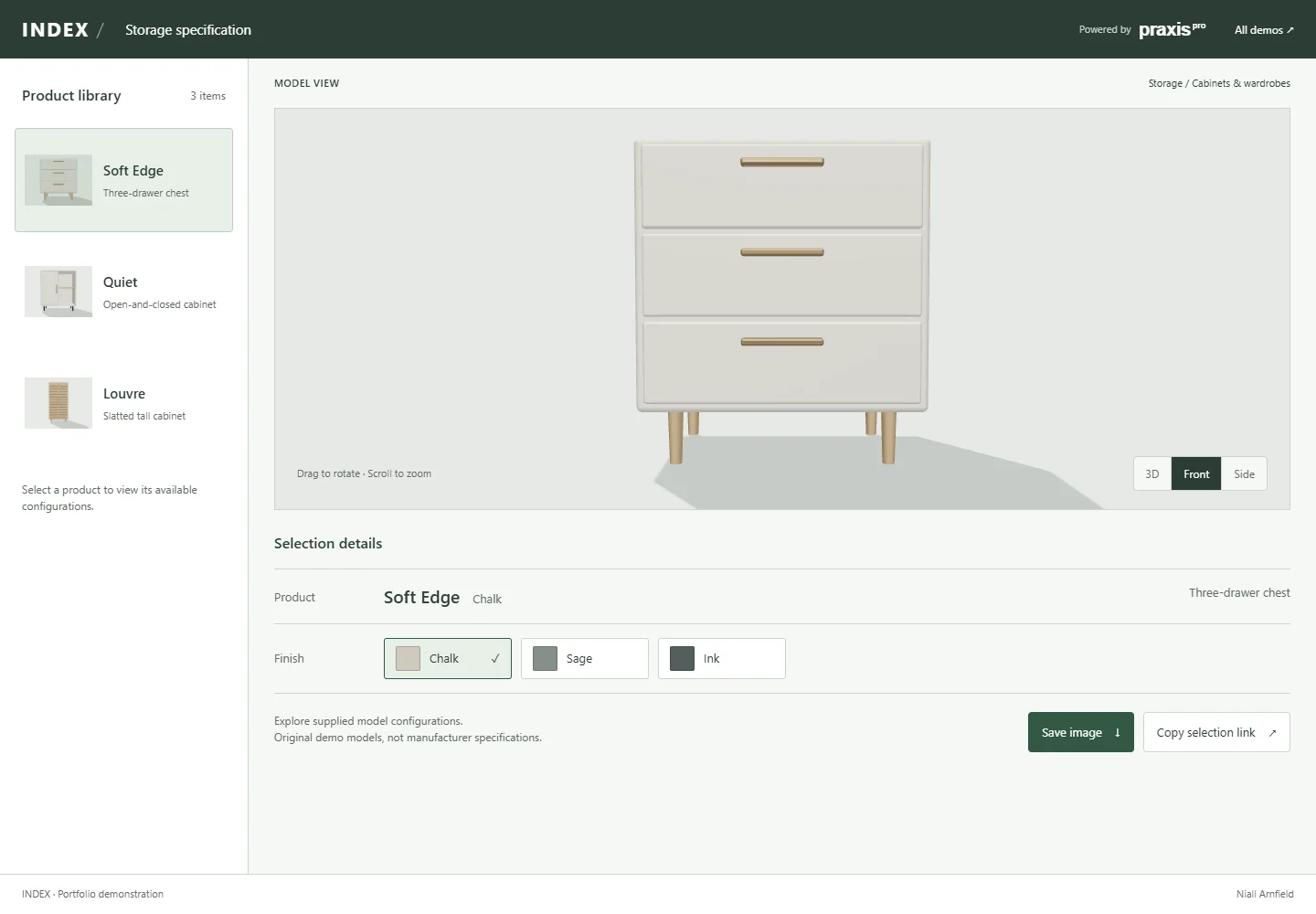 Index working portfolio configurator with original demonstration products, not a client catalogue