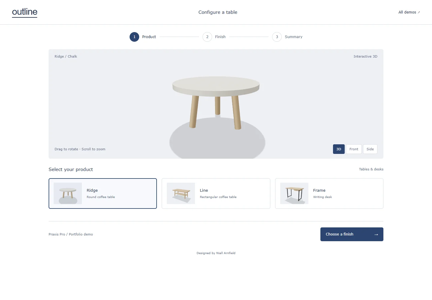 Outline working portfolio configurator with original demonstration products, not a client catalogue