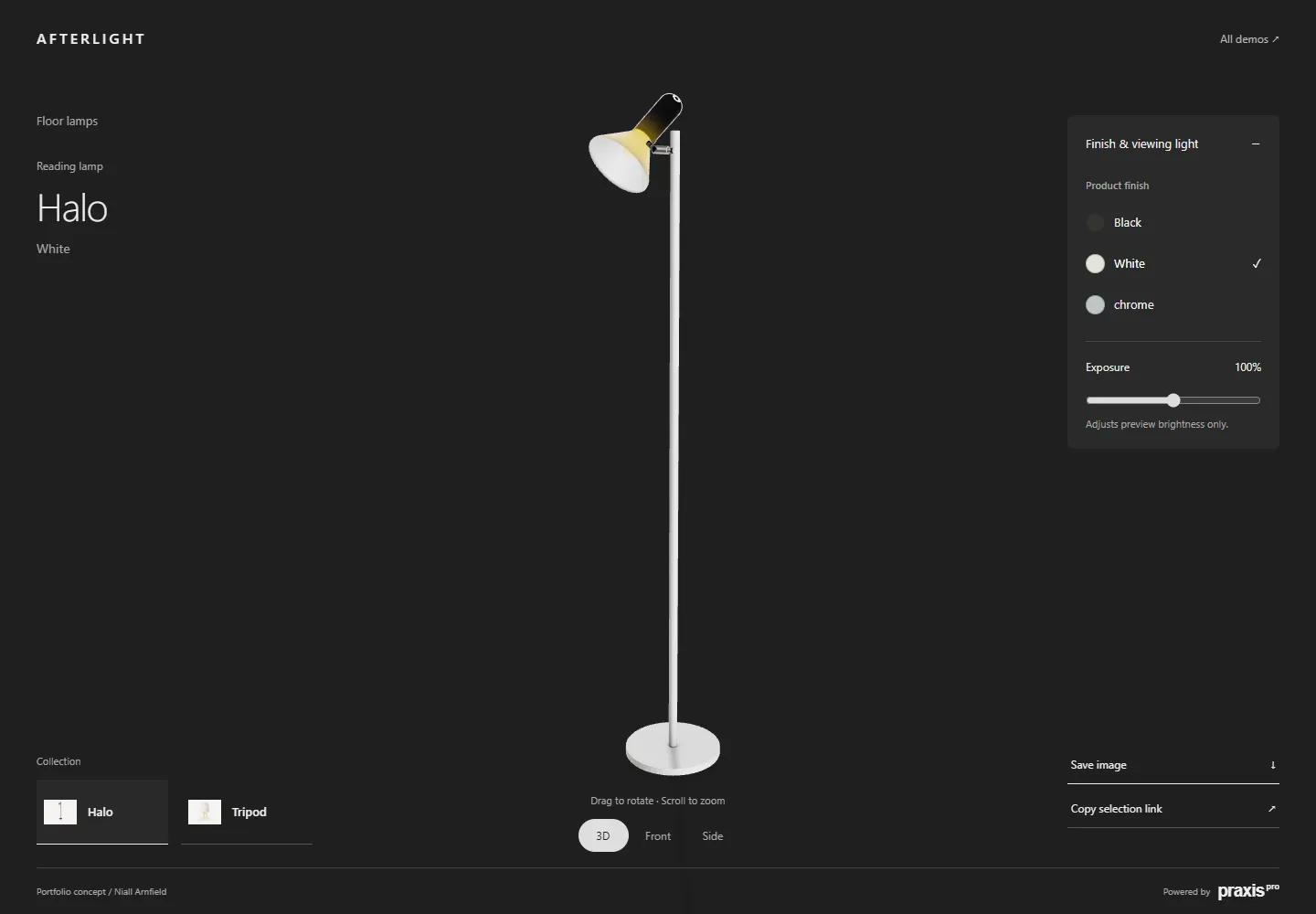 Praxis Afterlight lighting portfolio concept: an independent demonstration, not a client deployment