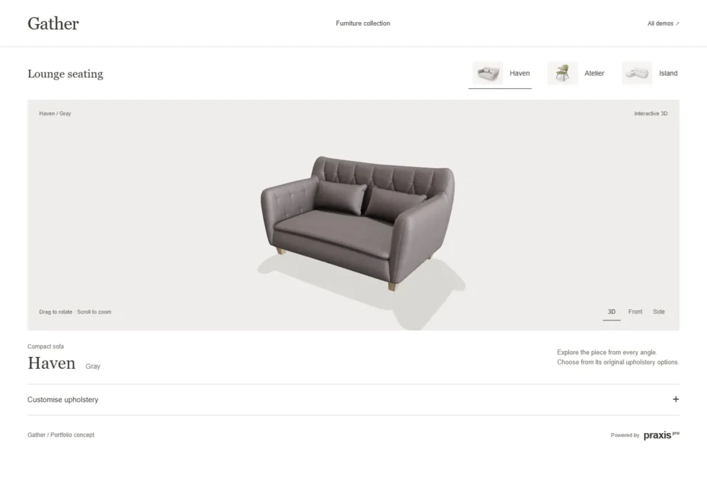 Gather seating configurator concept with product choices alongside the 3D preview