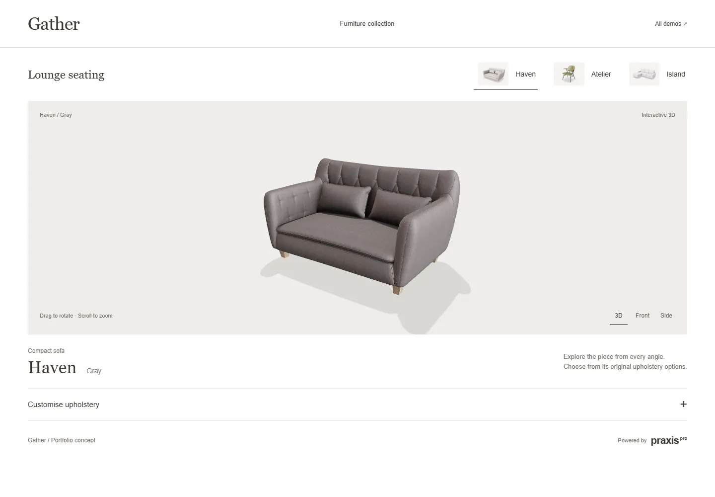 Praxis Gather lounge seating portfolio concept: an independent demonstration, not a client deployment