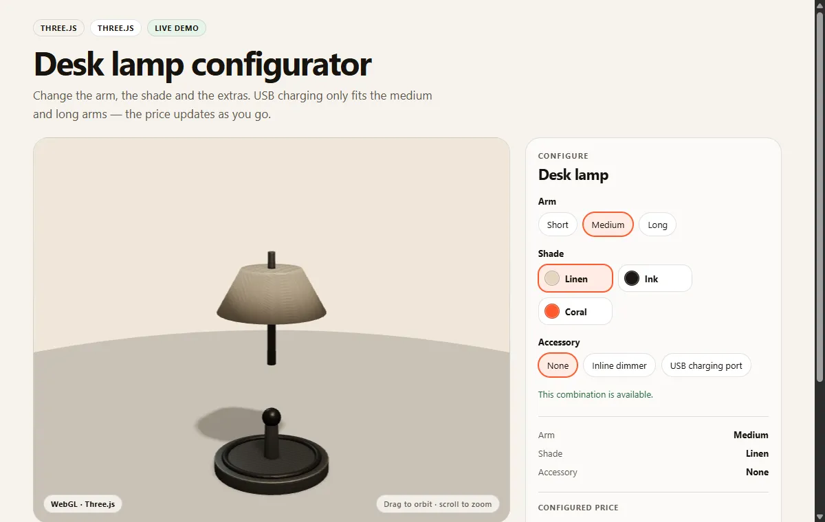 Live desk lamp product configurator demonstration
